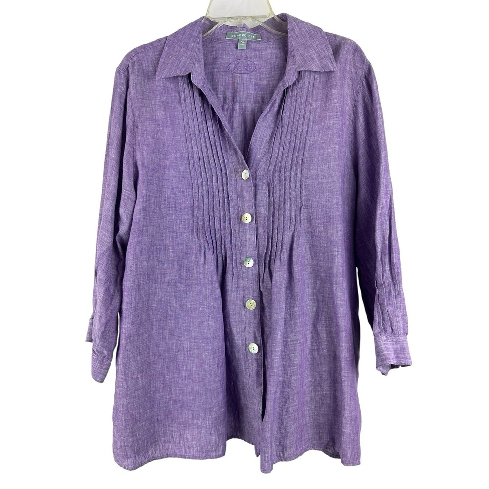 Foxcroft Women's Shaped Fit Button Up Shirt Blouse Size 16 Linen Resort
